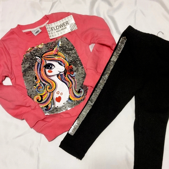 Little Girls, Size 2 -3, Pink Unicorn Sequin Sweatshirt and Black Leggings Set - Picture 1 of 2